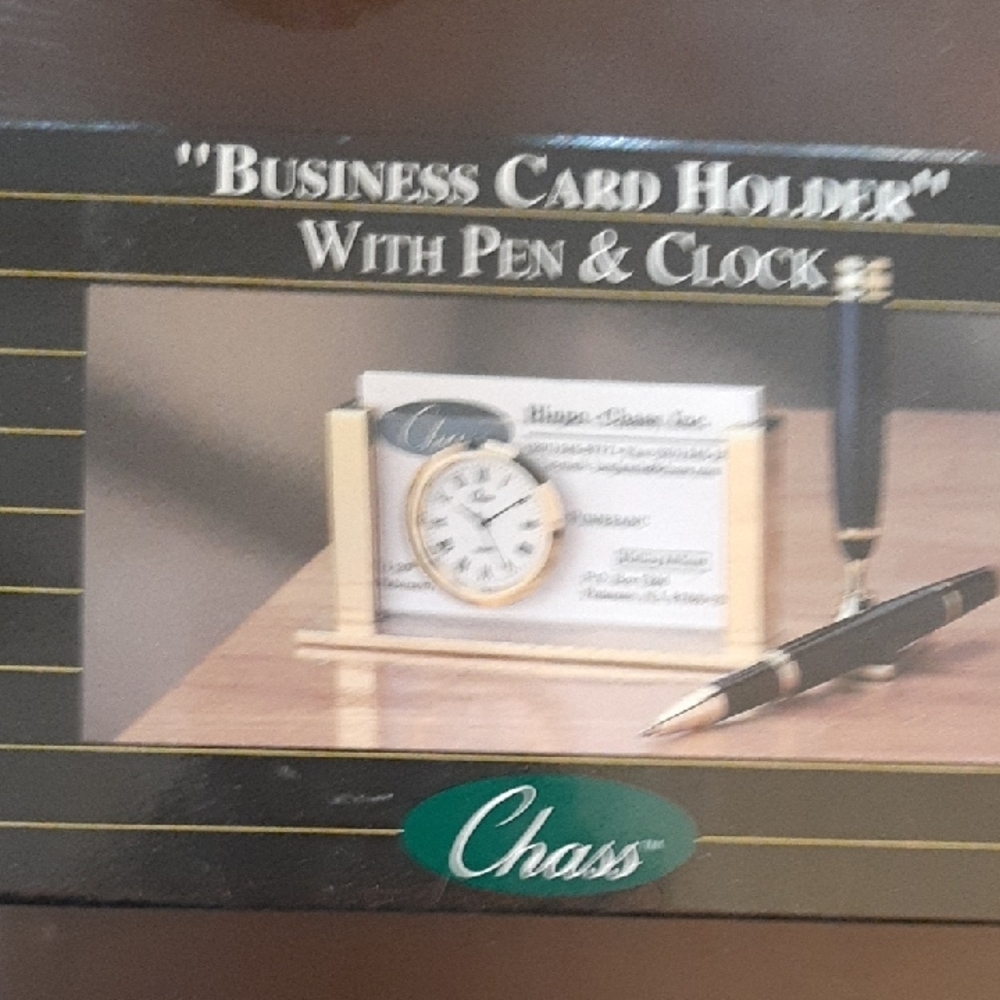 Gold and Black Business Card Holder with Pen & Clock